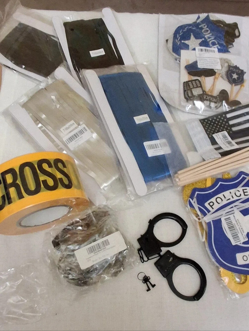 Party Supplies Huge Lot Policeman- Badges Handcuffs, Crime Tape, Flags, Banners